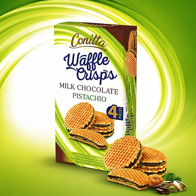 Conitta Waffle Crisps - Antep Fıstıklı Sütlü Çikolatalı Gofret 100 Gr. (1 Paket) - 3