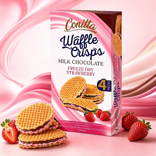 Conitta Waffle Crisps– Çilek Kremalı ve Sütlü Çikolatalı Çıtır Gofret 100 Gr. (1 Paket) - 3