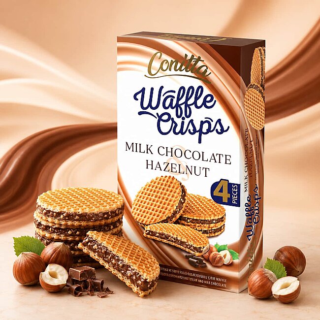 Conitta Waffle Crisps – Fındık Kremalı ve Sütlü Çikolatalı Çıtır Gofret 100 Gr. (1 Paket) - 3