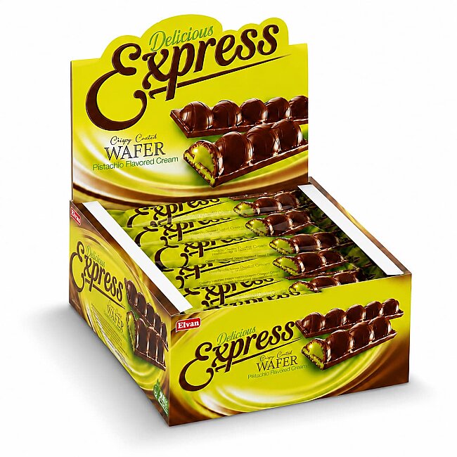 Express Antep Fıstık Aromalı Dolgulu Gofret 30 Gr. 24 Adet (1 Kutu) - Elvan
