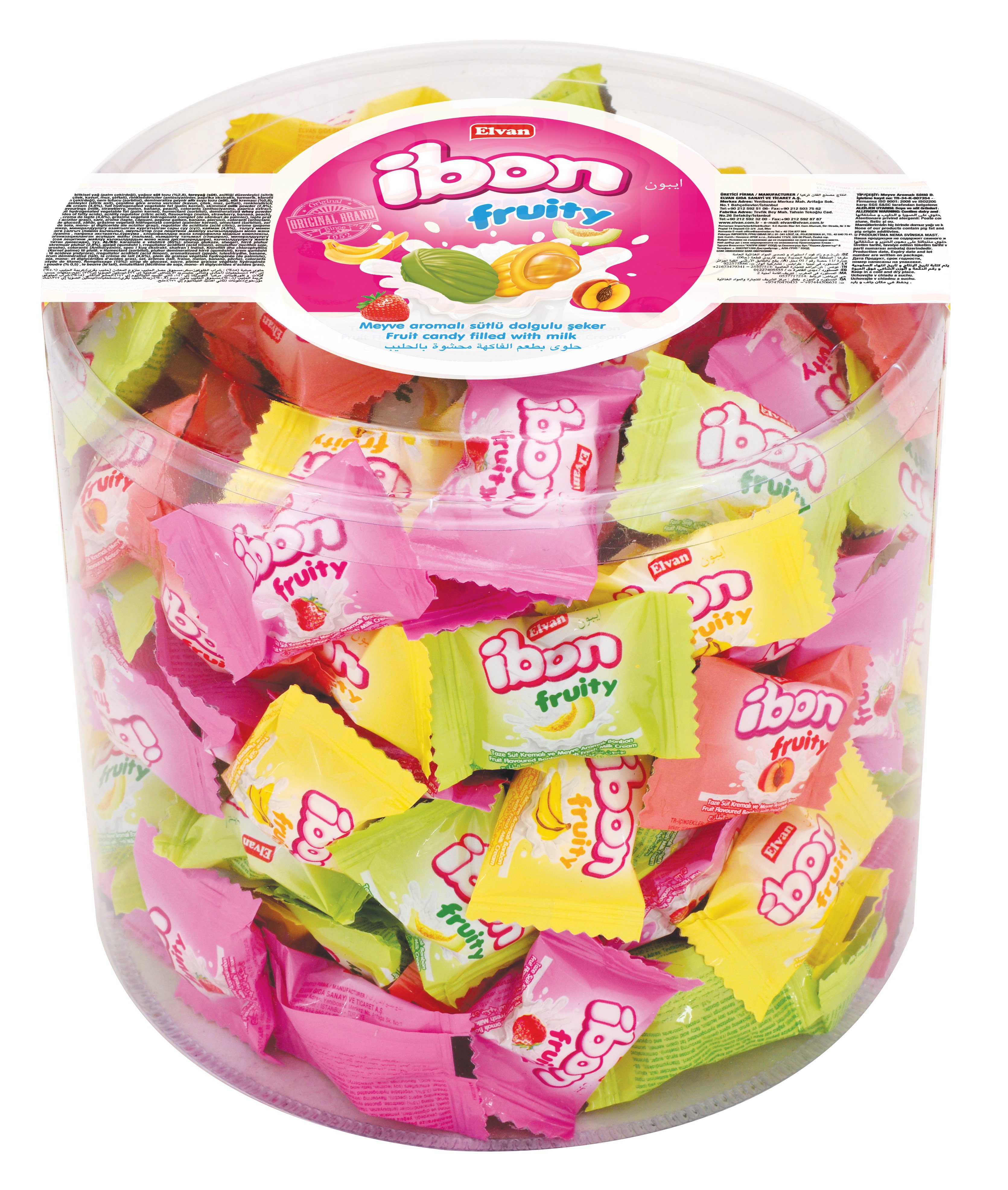 Ibon Sütlü Meyveli Şeker 1000 Gr. Silindir 8 Adet (1 Koli)