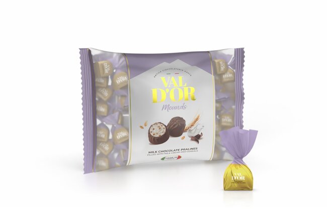 Val D’or Tahıl Patlaklı Sütlü Krema Dolgulu Mounds Çikolata 500Gr. (1 Lila Poşet) - Val Dor